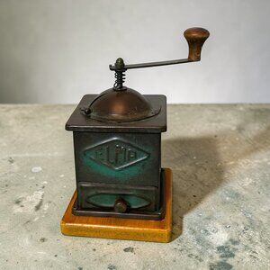 Vintage Elma Manual Coffee Grinder With Wooden Base & Brass Handle
